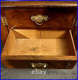 1850s Victorian Cigar Burr Walnut Wood Cabinet Box Brass Escutcheons 12.75H