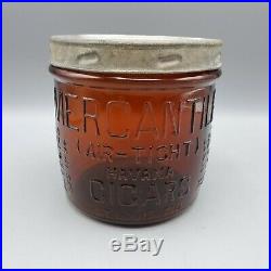 1895 Antique F. R. Rice Mercantile Amber Glass Cigar Jar with Lid St. Louis MO