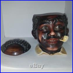 1900's Blackamoor Man Smoking Pipe 5.5 Tobacco Jar Bisque Art Pottery Germany