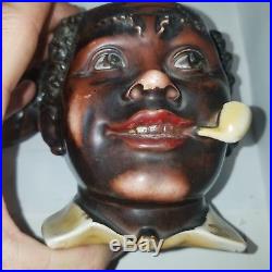 1900's Blackamoor Man Smoking Pipe 5.5 Tobacco Jar Bisque Art Pottery Germany
