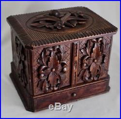 19th C Black Forest Carved Wood Cigar Chest withDrawer Holds 42 Cigars