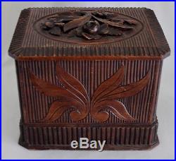 19th C Black Forest Carved Wood Cigar Chest withDrawer Holds 42 Cigars