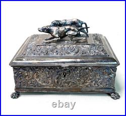 19th Century Meriden Wilcox Gilt Silver Plate Humidor with Bronze Hunting Dogs 19th Century Meriden Wilcox Gilt Silver Plate Humidor with Bronze Hunting Dogs