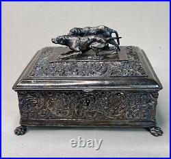 19th Century Meriden Wilcox Gilt Silver Plate Humidor with Bronze Hunting Dogs 19th Century Meriden Wilcox Gilt Silver Plate Humidor with Bronze Hunting Dogs