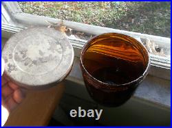 AIR TIGHT 1ST DISTRICT PA EMB 1890s AMBER GLASS CIGAR JAR WITH ORIGINAL TIN LID