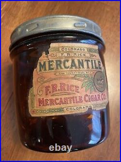 ANTIQUE AMBER F. R. RICE MERCANTILE CIGAR GLASS JAR CIGARS ST. LOUIS MO WithLABEL