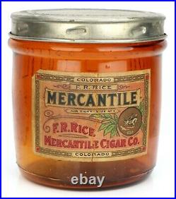 ANTIQUE AMBER F. R. RICE MERCANTILE CIGAR JAR HAVANA CIGARS ST. LOUIS MO withLABEL 1