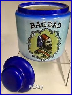 ANTIQUE BLUE BAGDAD PORCELAIN LOOSE TOBACCO HUMIDOR with LID VINTAGE STONEWARE JAR