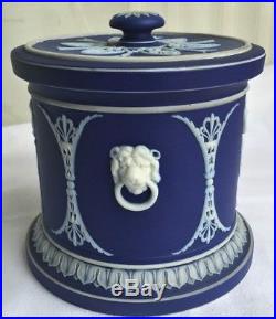 ANTIQUE DEEP COBALT BLUE & WHITE WEDGWOOD HUMIDOR JAR With LID CLASSICAL FIGURES