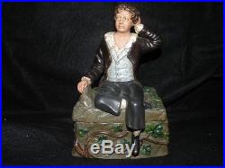 ANTIQUE FIGURAL majolica POTTERY BOY ON IVY COVERED ROCK TOBACCO HUMIDOR L&E