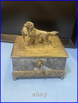 ANTIQUE SILVER PLATE HUMIDOR BY MERIDAN HUNTING DOG & PREY WithMATCH CASE +INSERT
