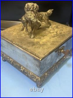 ANTIQUE SILVER PLATE HUMIDOR BY MERIDAN HUNTING DOG & PREY WithMATCH CASE +INSERT