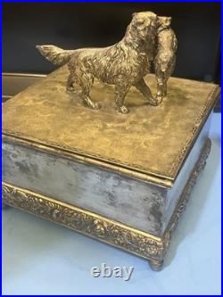ANTIQUE SILVER PLATE HUMIDOR BY MERIDAN HUNTING DOG & PREY WithMATCH CASE +INSERT