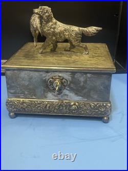 ANTIQUE SILVER PLATE HUMIDOR BY MERIDAN HUNTING DOG & PREY WithMATCH CASE +INSERT