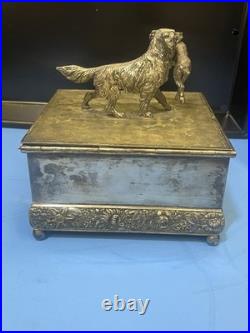ANTIQUE SILVER PLATE HUMIDOR BY MERIDAN HUNTING DOG & PREY WithMATCH CASE +INSERT