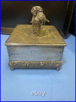 ANTIQUE SILVER PLATE HUMIDOR BY MERIDAN HUNTING DOG & PREY WithMATCH CASE +INSERT