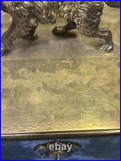 ANTIQUE SILVER PLATE HUMIDOR BY MERIDAN HUNTING DOG & PREY WithMATCH CASE +INSERT
