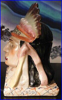 ANTIQUE Unusual Indian Chief Hand Painted Ceramic Tobacco Jar