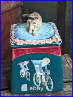 AWESOME Early Majolica Tobacco Humidor Jar Skull Bike Rider Smoking Pipe