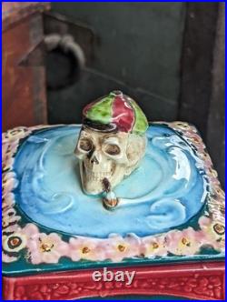 AWESOME Early Majolica Tobacco Humidor Jar Skull Bike Rider Smoking Pipe