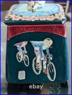 AWESOME Early Majolica Tobacco Humidor Jar Skull Bike Rider Smoking Pipe