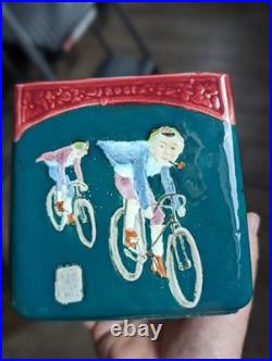 AWESOME Early Majolica Tobacco Humidor Jar Skull Bike Rider Smoking Pipe
