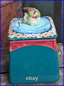 AWESOME Early Majolica Tobacco Humidor Jar Skull Bike Rider Smoking Pipe