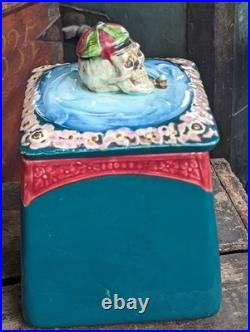 AWESOME Early Majolica Tobacco Humidor Jar Skull Bike Rider Smoking Pipe