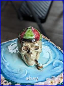 AWESOME Early Majolica Tobacco Humidor Jar Skull Bike Rider Smoking Pipe