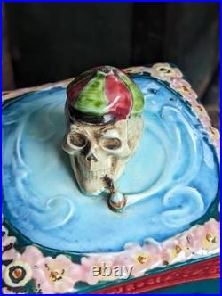 AWESOME Early Majolica Tobacco Humidor Jar Skull Bike Rider Smoking Pipe
