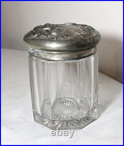 Antique 1800's Art Nouveau silver plate glass crystal flower tobacco humidor jar
