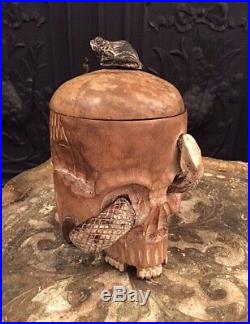 Antique 1880s Japanese Meji Memento Mori Skull & Snake Humidor Tobacco Jar