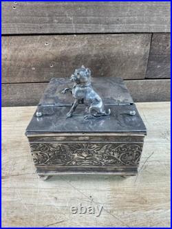 Antique 1887 Derby Silver Co. Silver Plate Bulldog Pug Tobacco Box Humidor