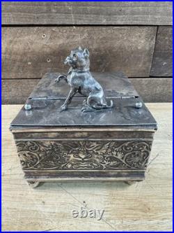 Antique 1887 Derby Silver Co. Silver Plate Bulldog Pug Tobacco Box Humidor