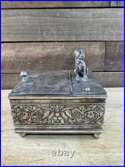 Antique 1887 Derby Silver Co. Silver Plate Bulldog Pug Tobacco Box Humidor
