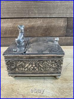 Antique 1887 Derby Silver Co. Silver Plate Bulldog Pug Tobacco Box Humidor