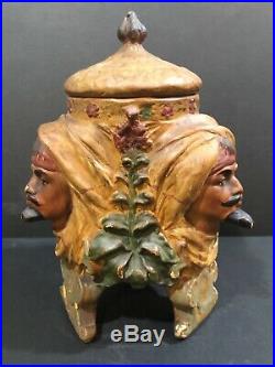 Antique 1890s 1900s Austrian Ceramic Blackamoor 3 Face Moorish Tobacco Jar