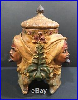 Antique 1890s 1900s Austrian Ceramic Blackamoor 3 Face Moorish Tobacco Jar