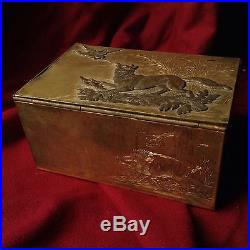 Antique 19. C Hunter Pipe Humidor Tobacco Box Bronze Gold Wild Boar Duck Dog Prey