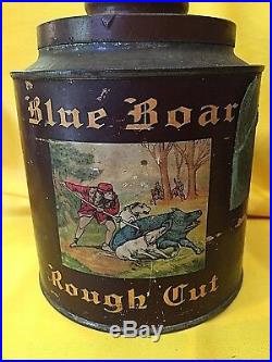Antique 1910 BLUE BOAR Inn TOBACCO Cigar Humidor Tin & Silverplate Holder Rare