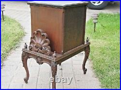 Antique Art Deco Walnut Wood Carved Humidor Smoking Stand Copper Liner Cigars