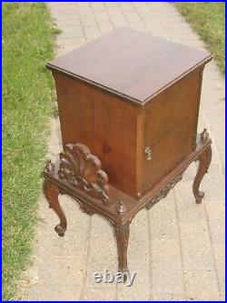 Antique Art Deco Walnut Wood Carved Humidor Smoking Stand Copper Liner Cigars