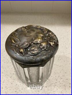Antique Art Nouveau Crystal Tobacco Jar With Silver Plated Brass Lid