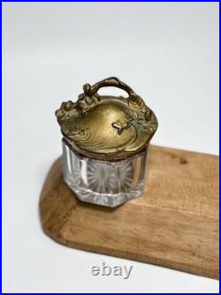 Antique Art Nouveau Glass Jar Floral Metal Lid Antique 1900s