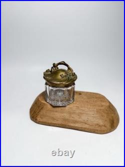 Antique Art Nouveau Glass Jar Floral Metal Lid Antique 1900s