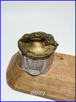 Antique Art Nouveau Glass Jar Floral Metal Lid Antique 1900s