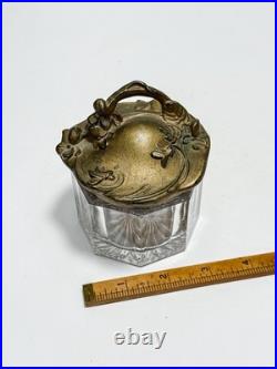 Antique Art Nouveau Glass Jar Floral Metal Lid Antique 1900s