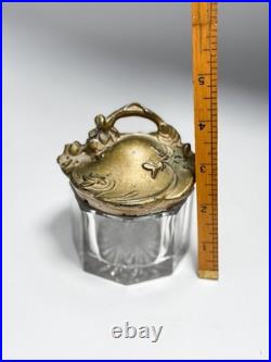 Antique Art Nouveau Glass Jar Floral Metal Lid Antique 1900s