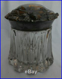 Antique Art Nouveau Glass Tobacco Cigar Humidor Jar Metal Flower Lid Embossed