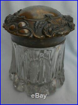 Antique Art Nouveau Glass Tobacco Cigar Humidor Jar Metal Flower Lid Embossed